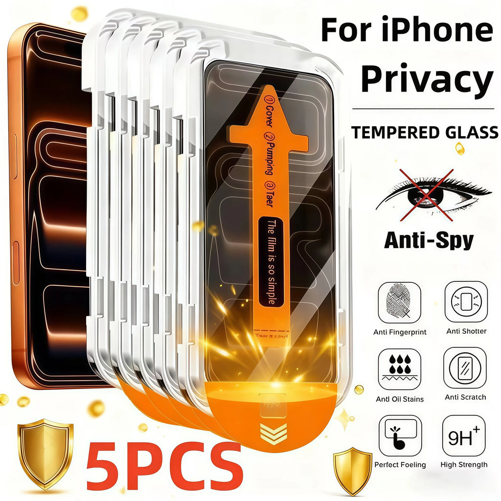 5 Stück Anti-Spy-Displayschutz aus gehärtetem Glas, staubfrei, für iPhone17, 16, 15, 14, 13, 12, 11 Pro Max